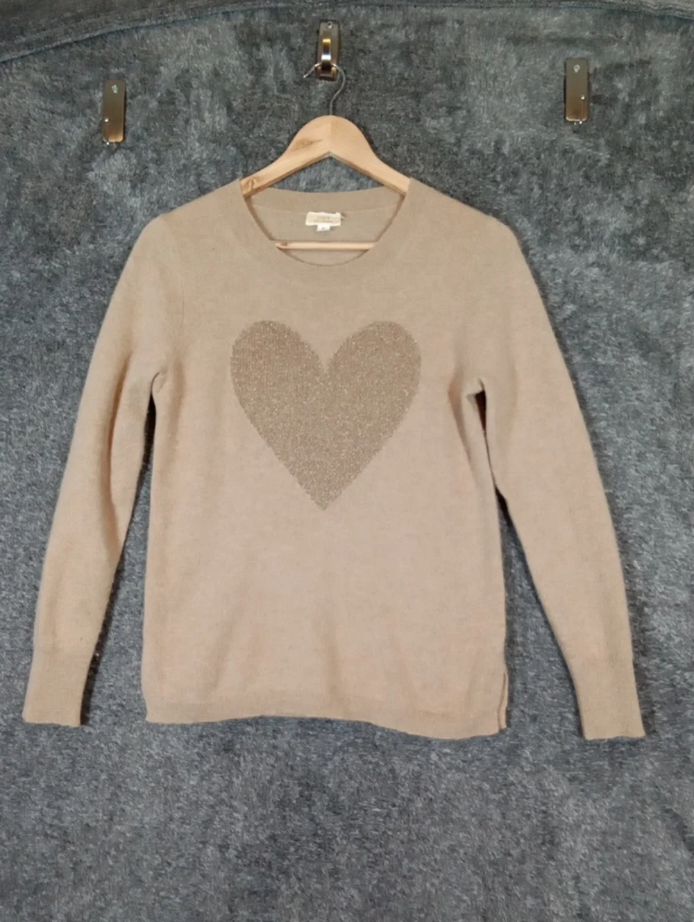 J Crew Cashmere Crewneck Sweater With Lurex Metallic Heart Neutral Fitted Small
